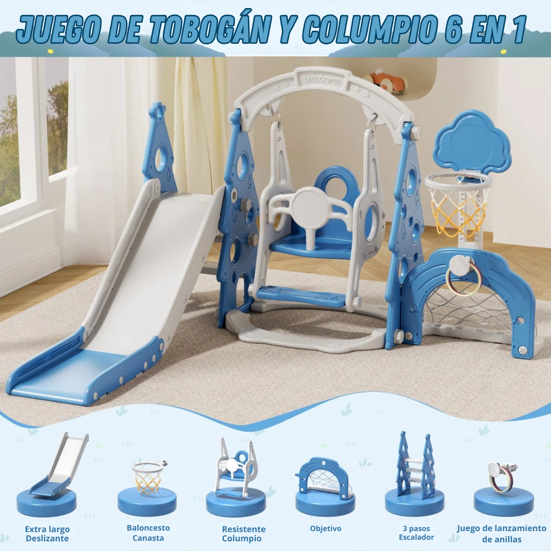 Vega™ | Juego infantil 6 en 1 con tobogán, columpio, aro de baloncesto y portería de fútbol