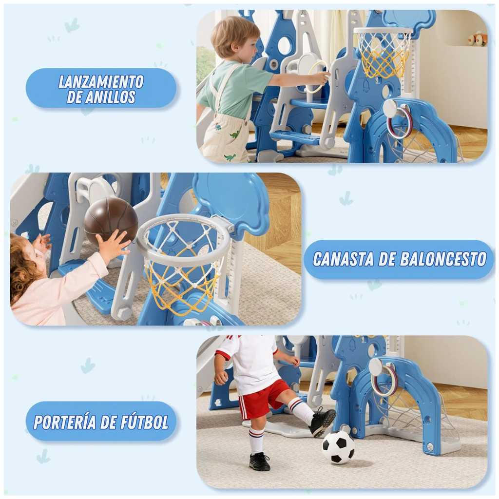 Vega™ | Juego infantil 6 en 1 con tobogán, columpio, aro de baloncesto y portería de fútbol