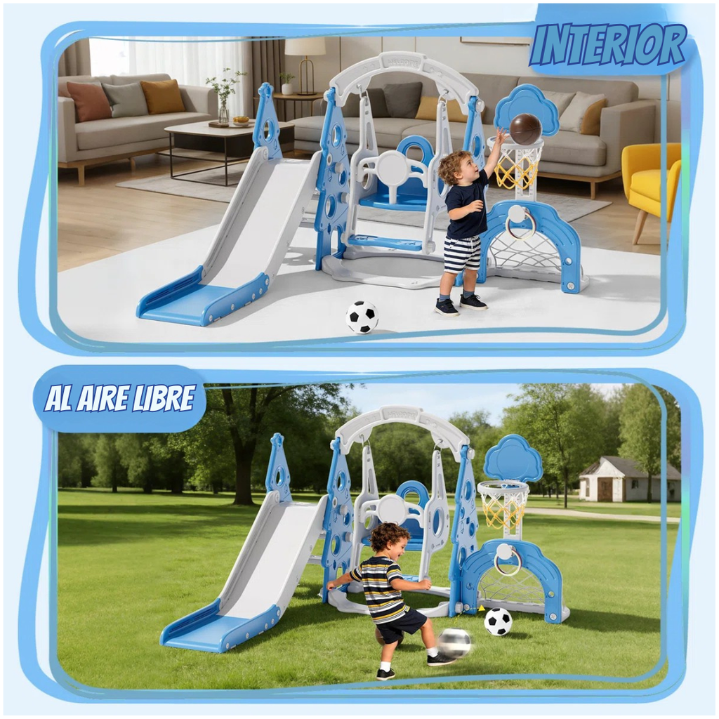 Vega™ | Juego infantil 6 en 1 con tobogán, columpio, aro de baloncesto y portería de fútbol