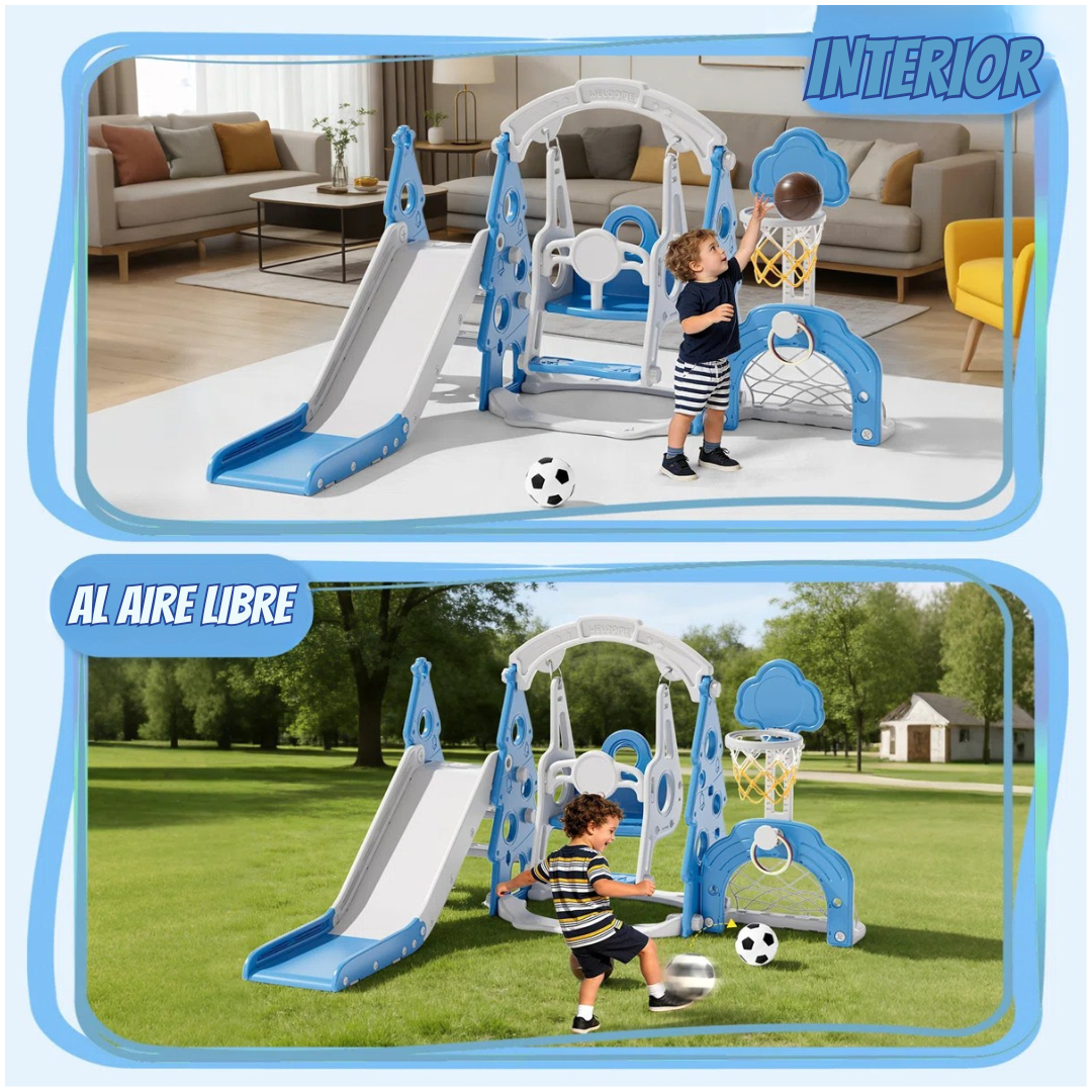 Vega™ | Juego infantil 6 en 1 con tobogán, columpio, aro de baloncesto y portería de fútbol